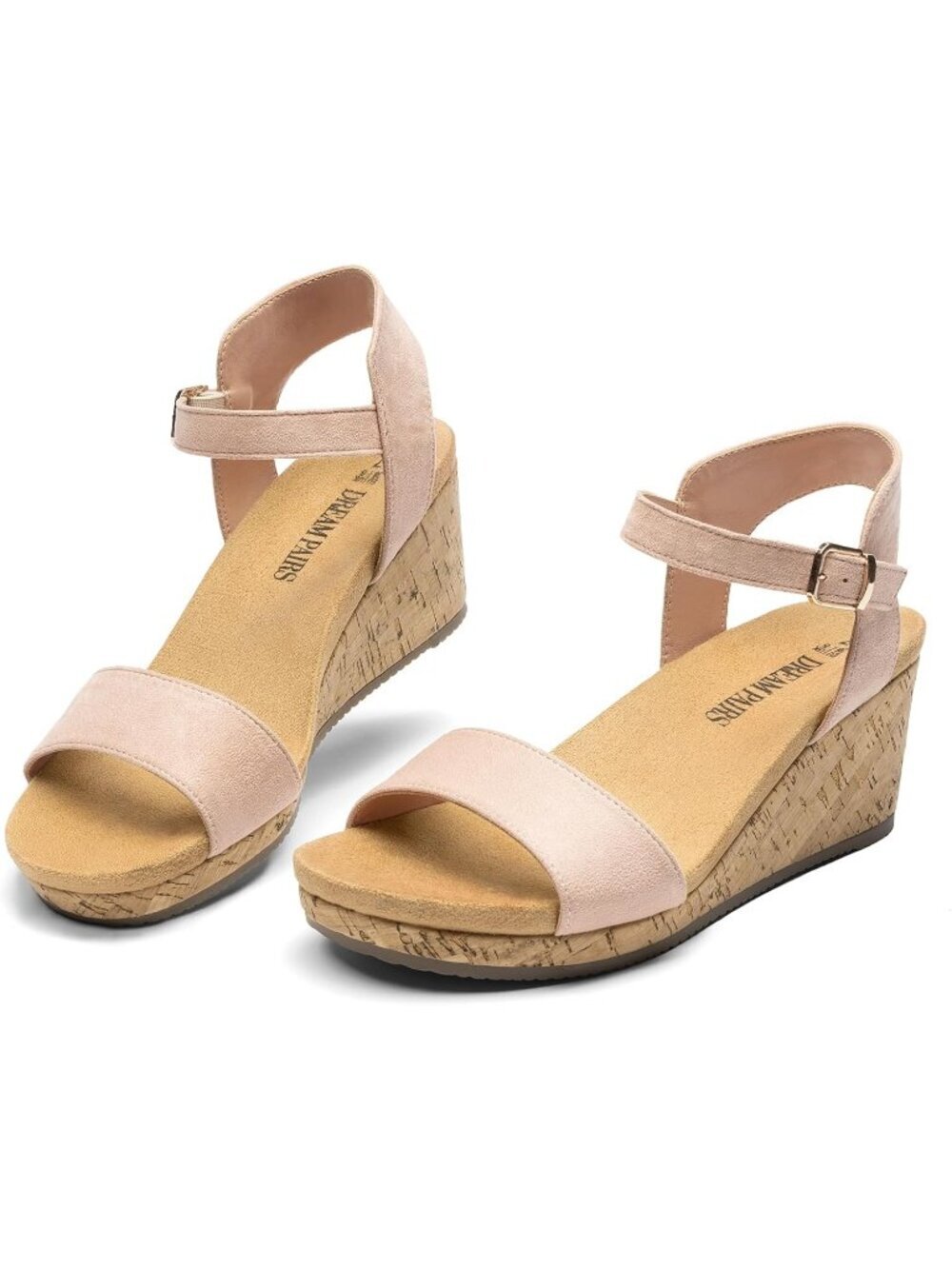 Women's Wedge Sandals Cork Nude Suede Open Toe Ankle Strap Buckle Dressy Shoes
